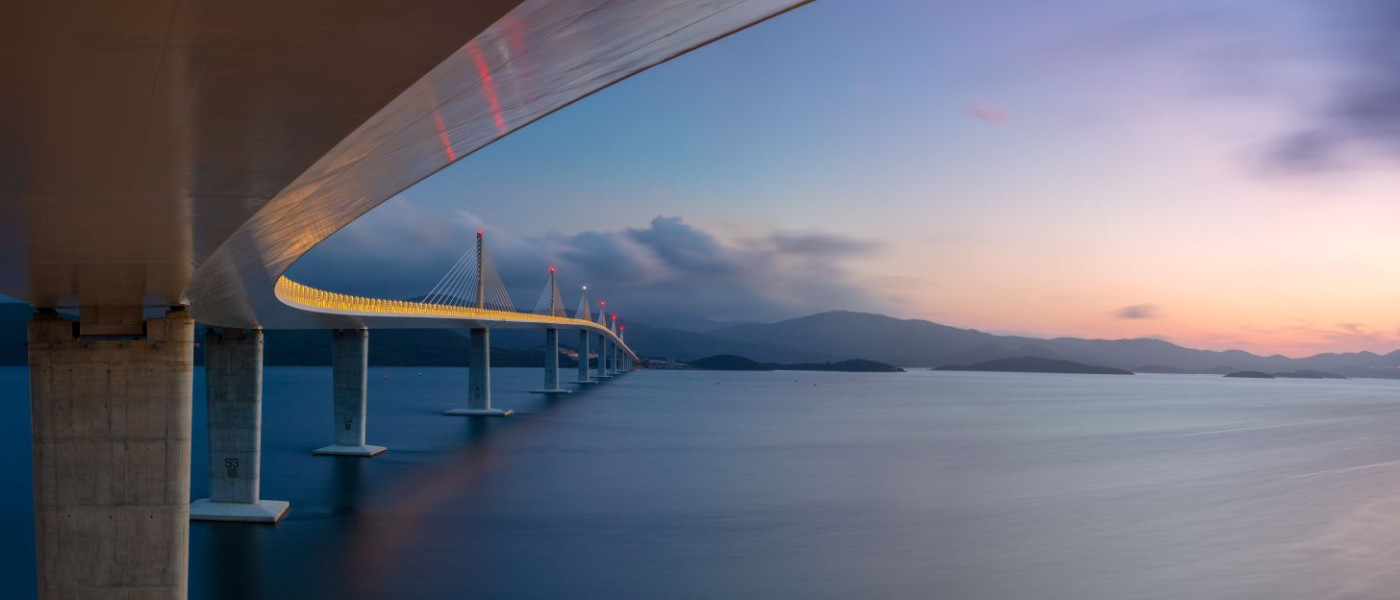 Peljesac Bridge, Croatia. Panoramic image of modern multi-span cable-stayed Peljesac Bridge over the sea in Dubrovnik-Neretva County, Croatia