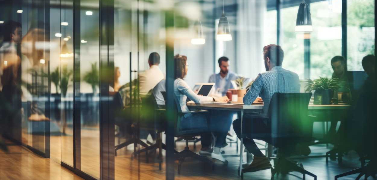 Business people in a closed glass-paned meeting room working together