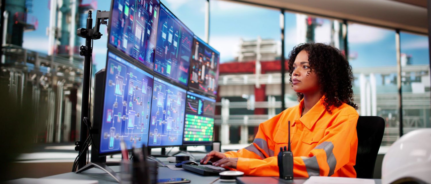 Femme ingénieur en milieu industrielle devant écrans de contôle
