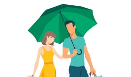 One woman & one man carrying an umbrellla