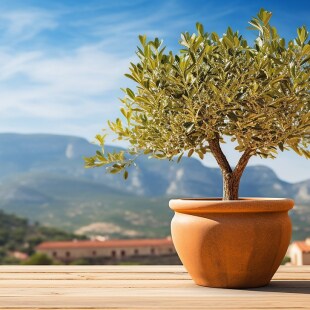 Small olive tree in front of a mountain, bnp paribas biodiversity