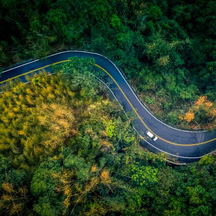 Car in rural road in deep rain forest with green tree forest view from above, Aerial view car in the forest on asphalt road background.
