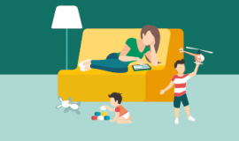 a mother is sitting on the couch with her kids next to her