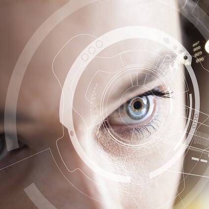 Iris recognition concept. Smart wearable eye-compatible computer.