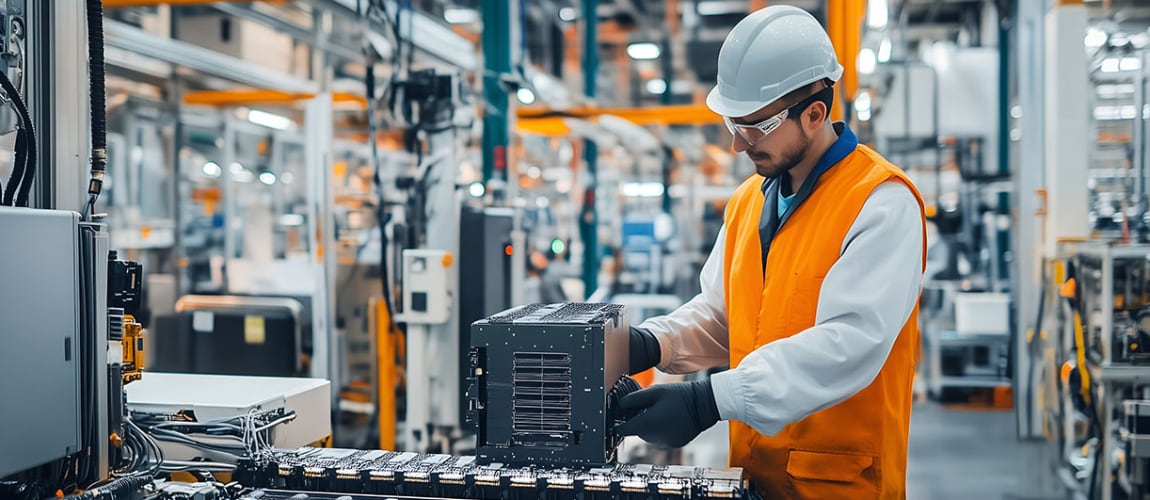 Un ouvrier travaille sur la ligne de production de batteries pour véhicules électriques, tenant et assemblant à la main des cellules de batterie commerciales noires tout en portant des lunettes de sécurité, un gilet orange et un casque de protection.