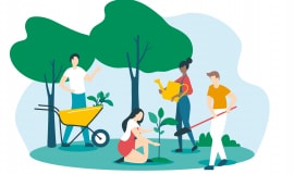 plusieurs personnes qui s'entraident pour faire du jardinage