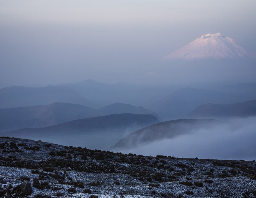 The summit of Cotopaxi volcano (5900 m) covered in snow in Ecuador