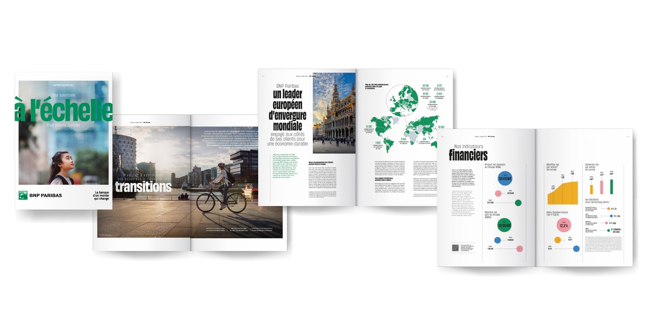 Extraits du Rapport Intégré montrant des infographies, des cartes et des articles