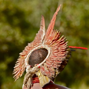 Courronne de plumes rouges portée par un Amerindien