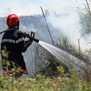 pompier qui éteint un feu